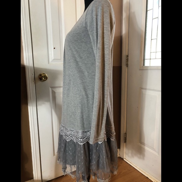Ryu Gray Long Sleeve Tulle Slip Dress•Lace Hem•Size L - Picture 5 of 8